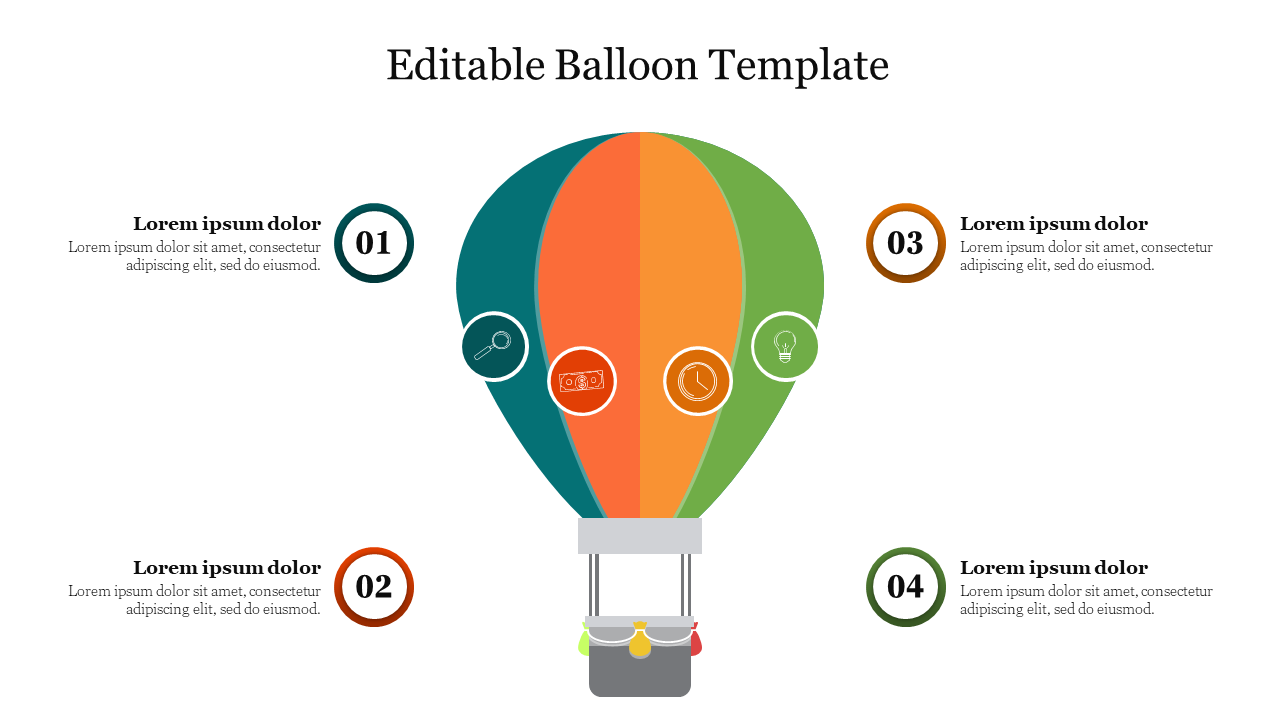 A vibrant hot air balloon infographic template, featuring four sections with icons and text placeholders for content.