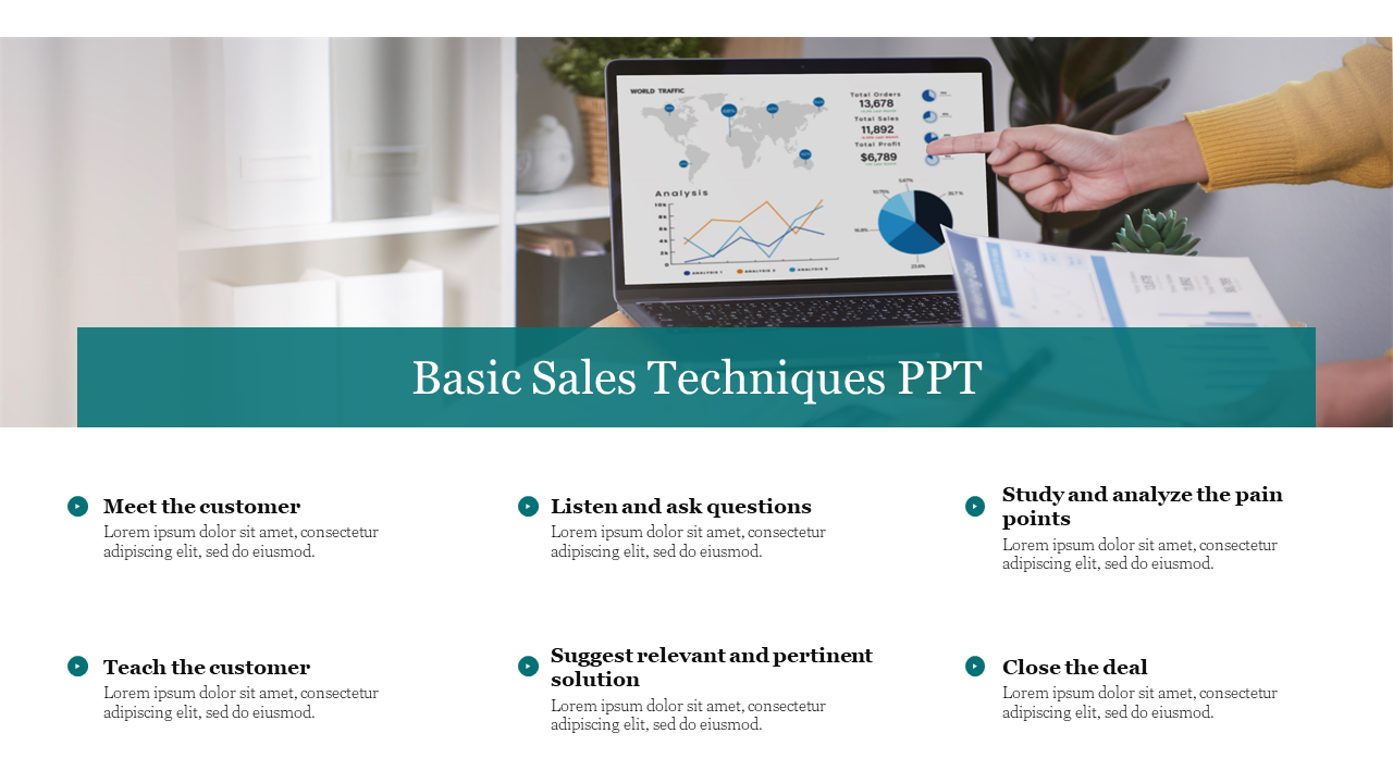 Slide with teal overlay showing title and a laptop with charts, and six text points on white section below.