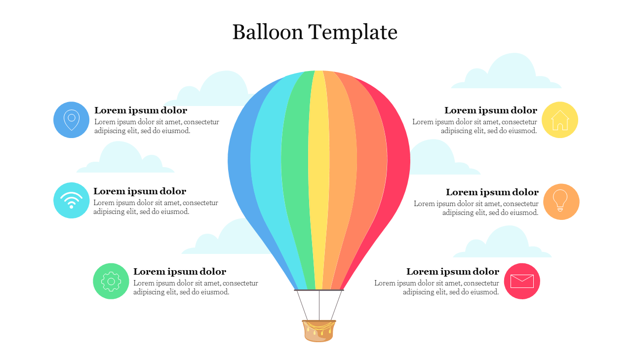 Hot air balloon infographic with rainbow-colored panels in the center, surrounded by six icons and text placeholders.