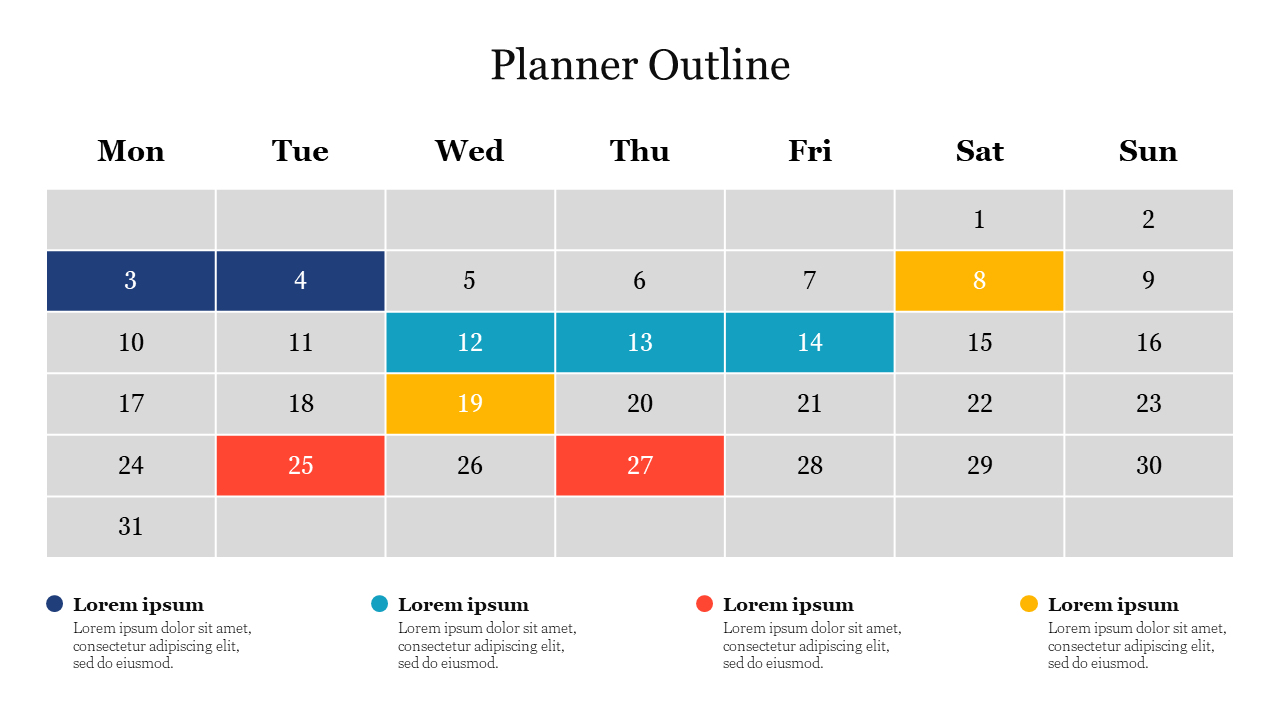 Weekly planner template with color coded days, including blue, teal, yellow, and red blocks for various tasks and notes.