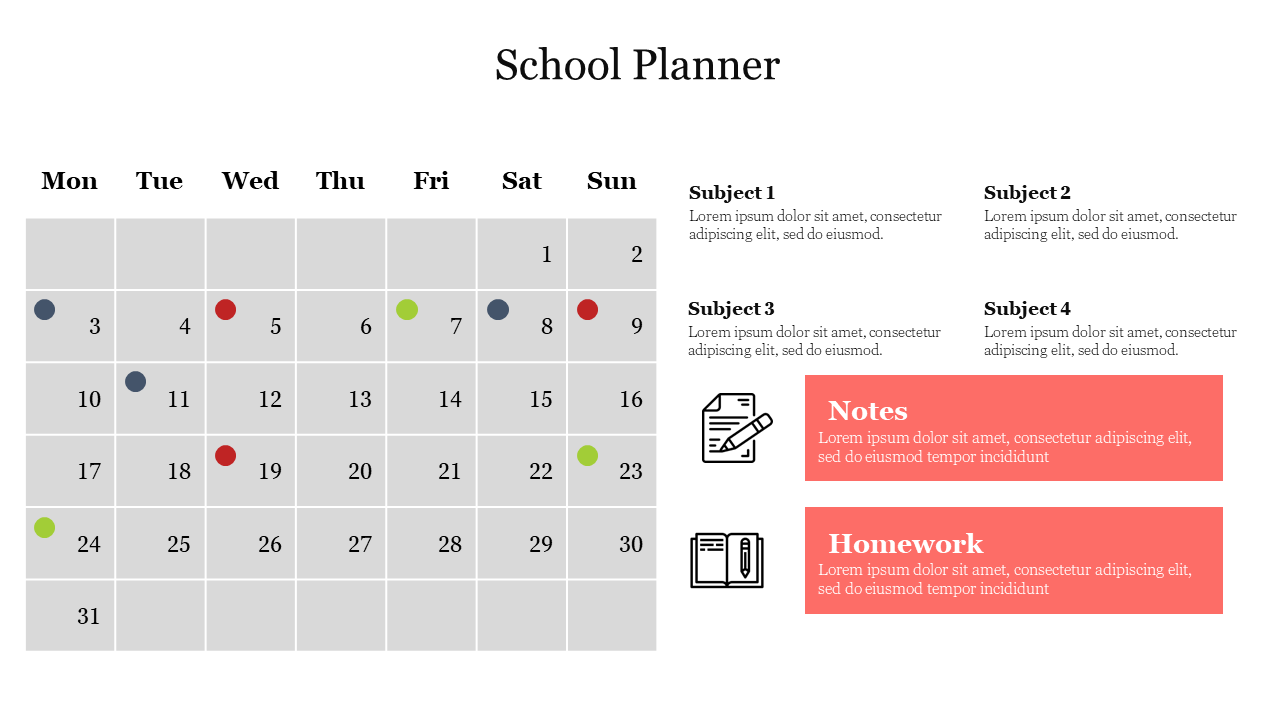 School planner design with a gray calendar layout, featuring colorful dots for tasks, and two orange text boxes.