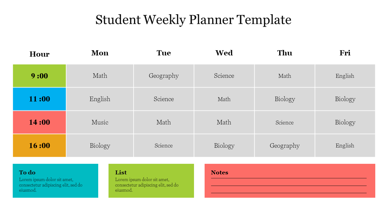 Student weekly schedule grid with time slots for classes and additional areas for tasks, lists, and notes.