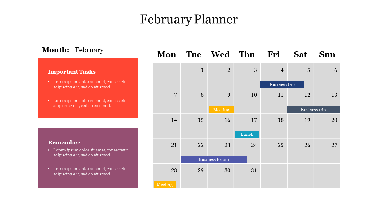 February planner displaying a calendar grid, events marked with colored boxes, and task sections on the left.