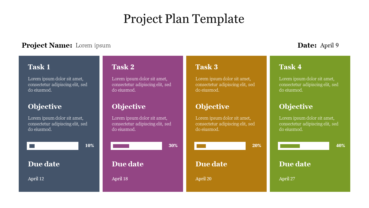 A structured project plan slide showcasing four tasks, each with objectives, progress bars, due dates, and a project name.