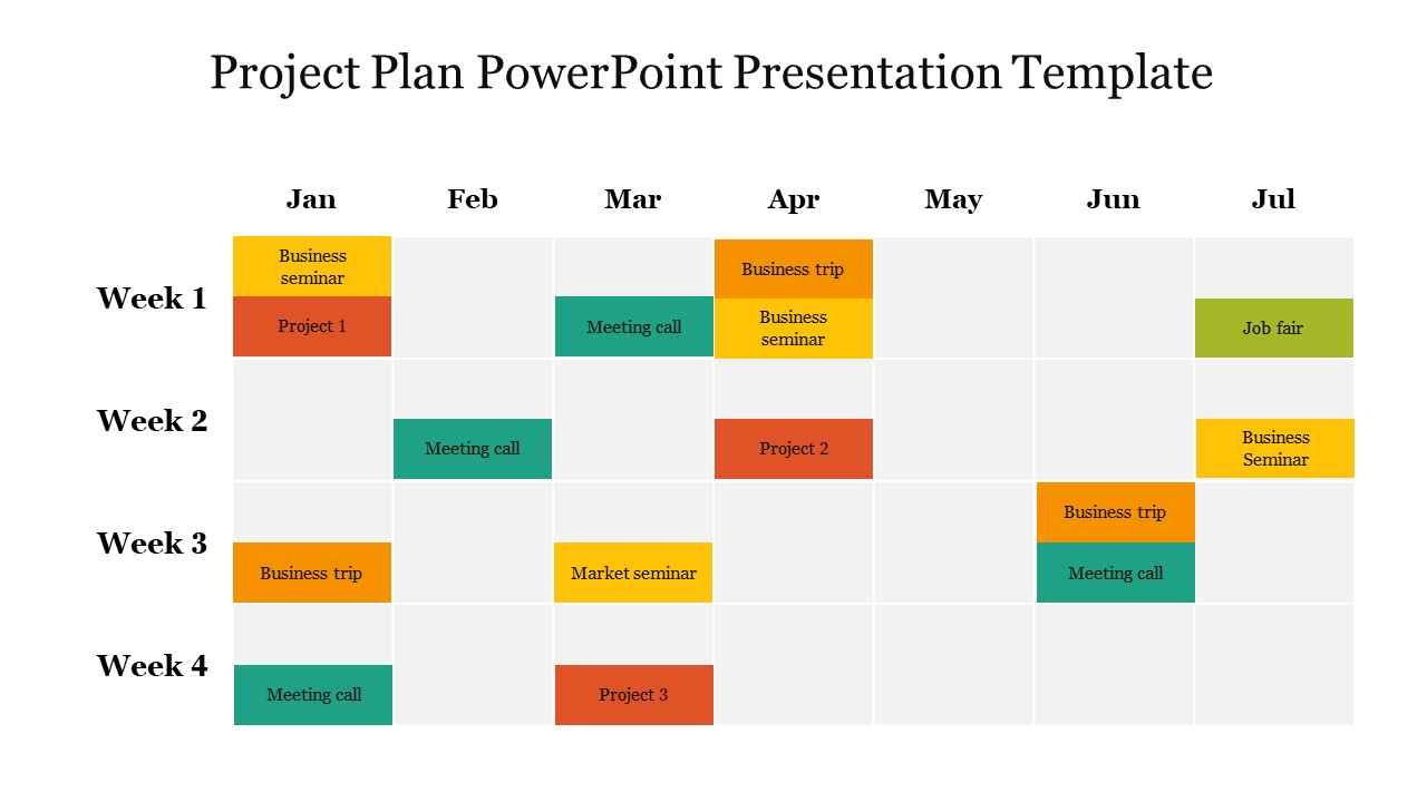 Project plan table with colored cells showing tasks like seminars, meetings, and projects across months and weeks.