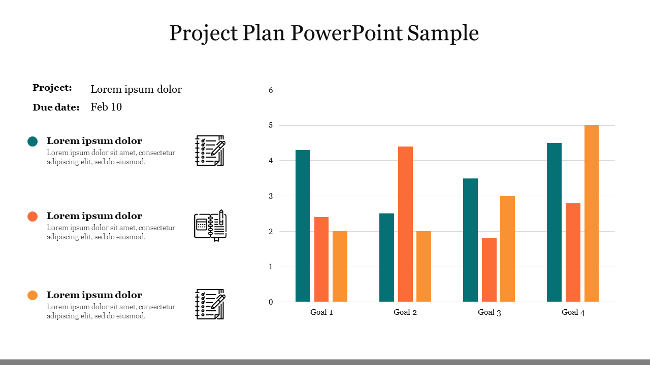 Project plan slide featuring bar charts for four goals with green, orange, and yellow bars and matching icons with text.