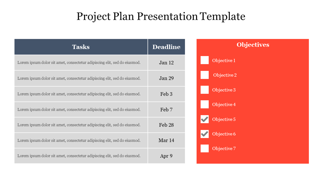 Project plan template with a table of tasks and deadlines, and a checklist of objectives on a red box on the right.