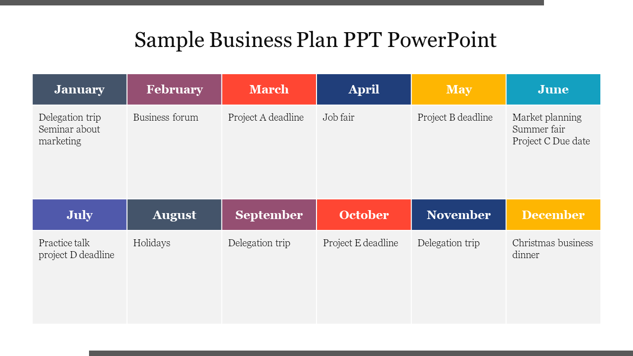 Monthly business planning grid with colored headers, listing events and project deadlines for each month of the year.