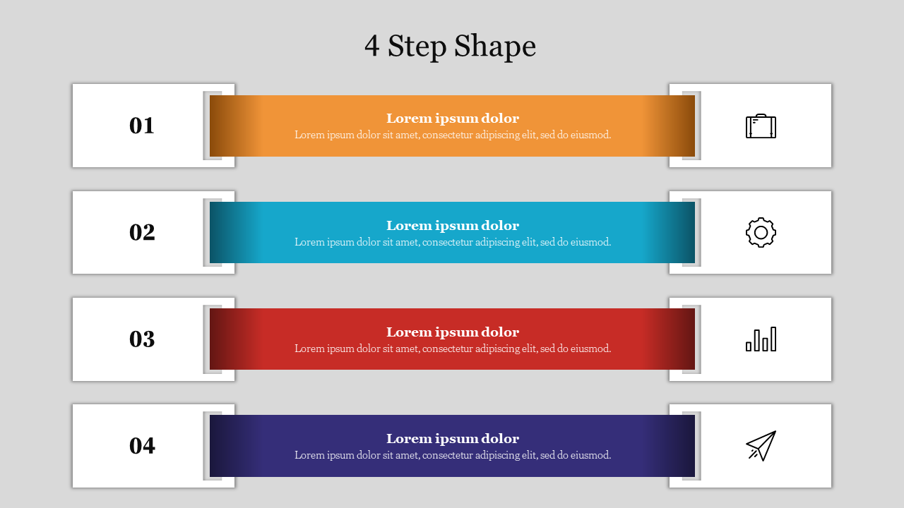 Four horizontal steps with gradient bars in orange, blue, red, and purple, numbered 01 to 04 with icons on the right.