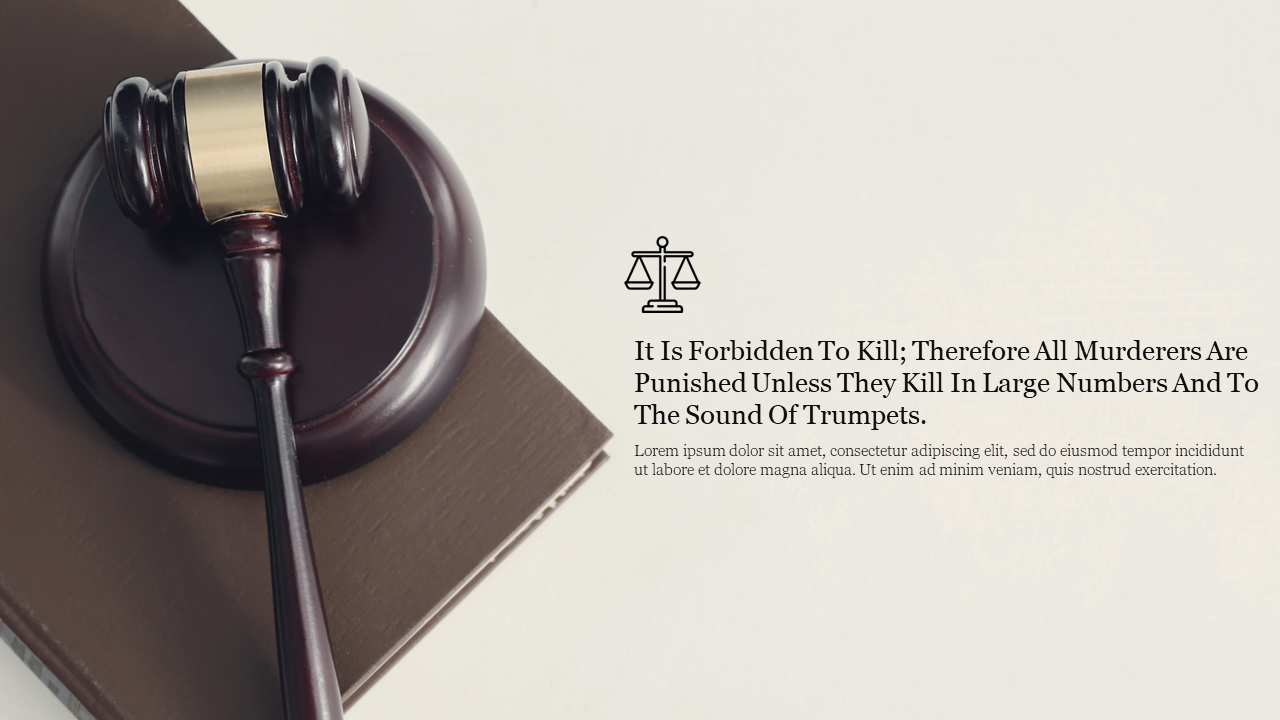 Wooden gavel resting on a book, with legal scales icon and text on the right, set on a simple light background.