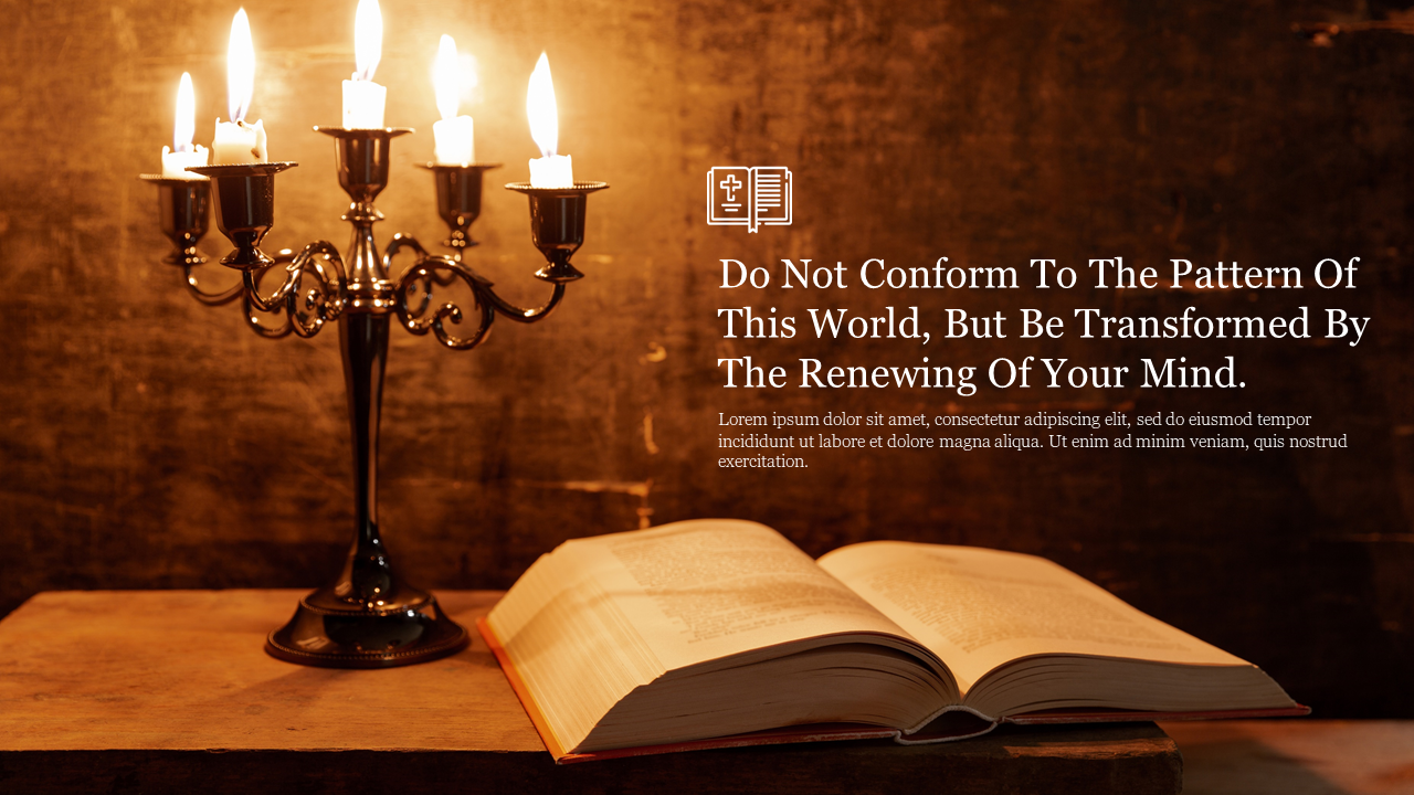 Dimly lit background featuring an open bible and a candelabra, accompanied by a religious message about renewal.