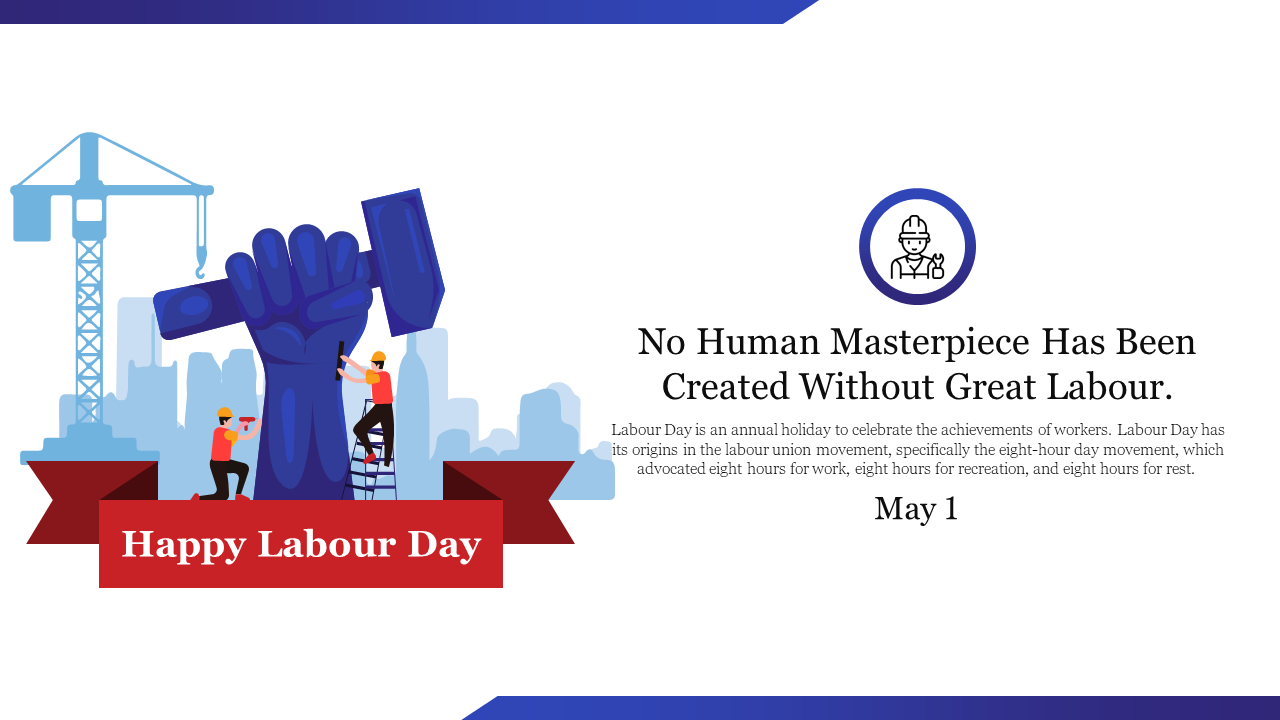 Illustration of a blue fist holding a hammer with workers and buildings around it, celebrating Labour day on May 1st.