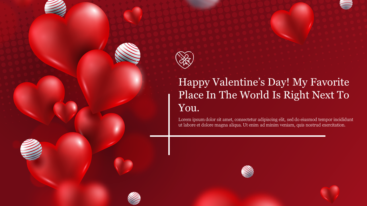 Valentine's design with large 3D red hearts and white striped spheres floating on a red textured background.