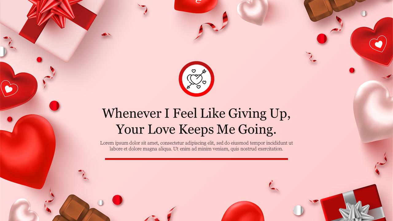 Valentine's Day themed slide with red and pink hearts, gift boxes, chocolates, and a romantic quote at the center.