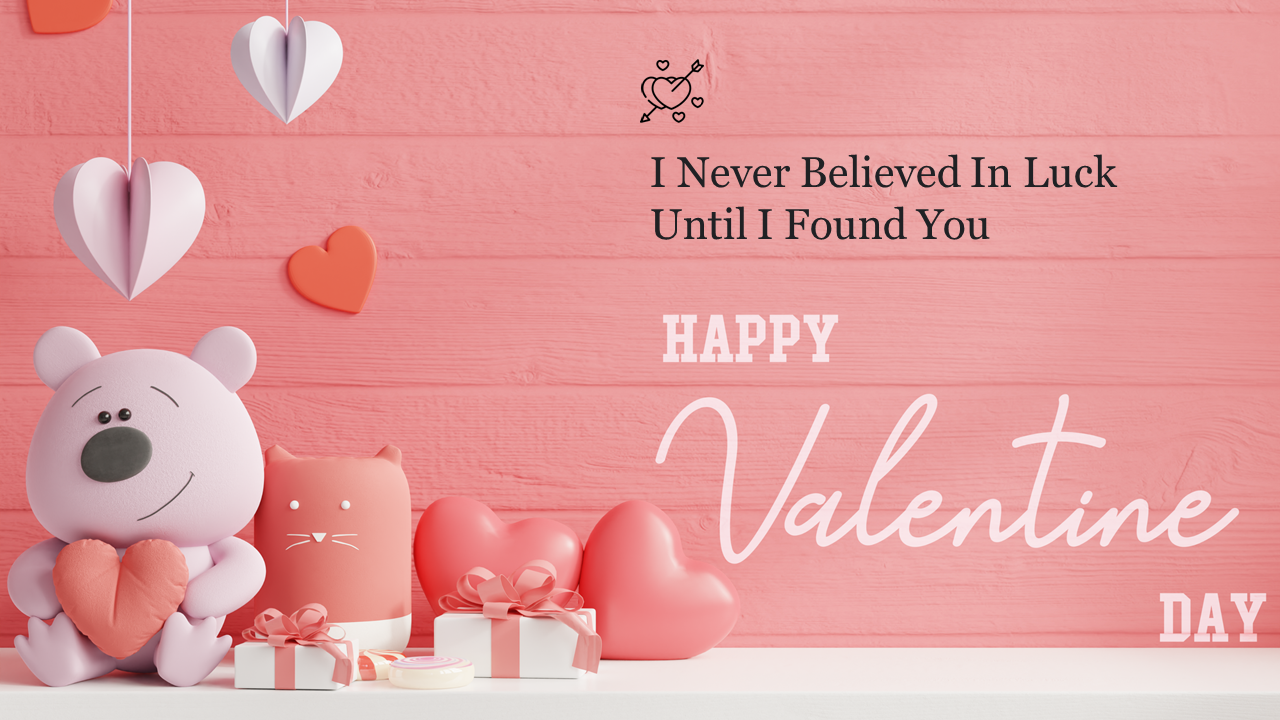 Soft pink background featuring cute 3D bear and cat figure with heart shapes and gift boxes, and a valentine's quote.