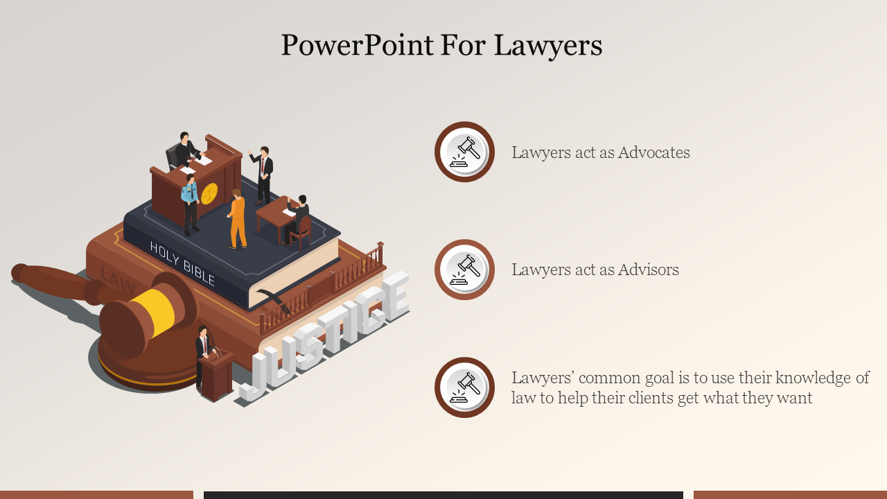 Isometric courtroom scene with books and gavel, and three legal-themed icons with text on a gray background.