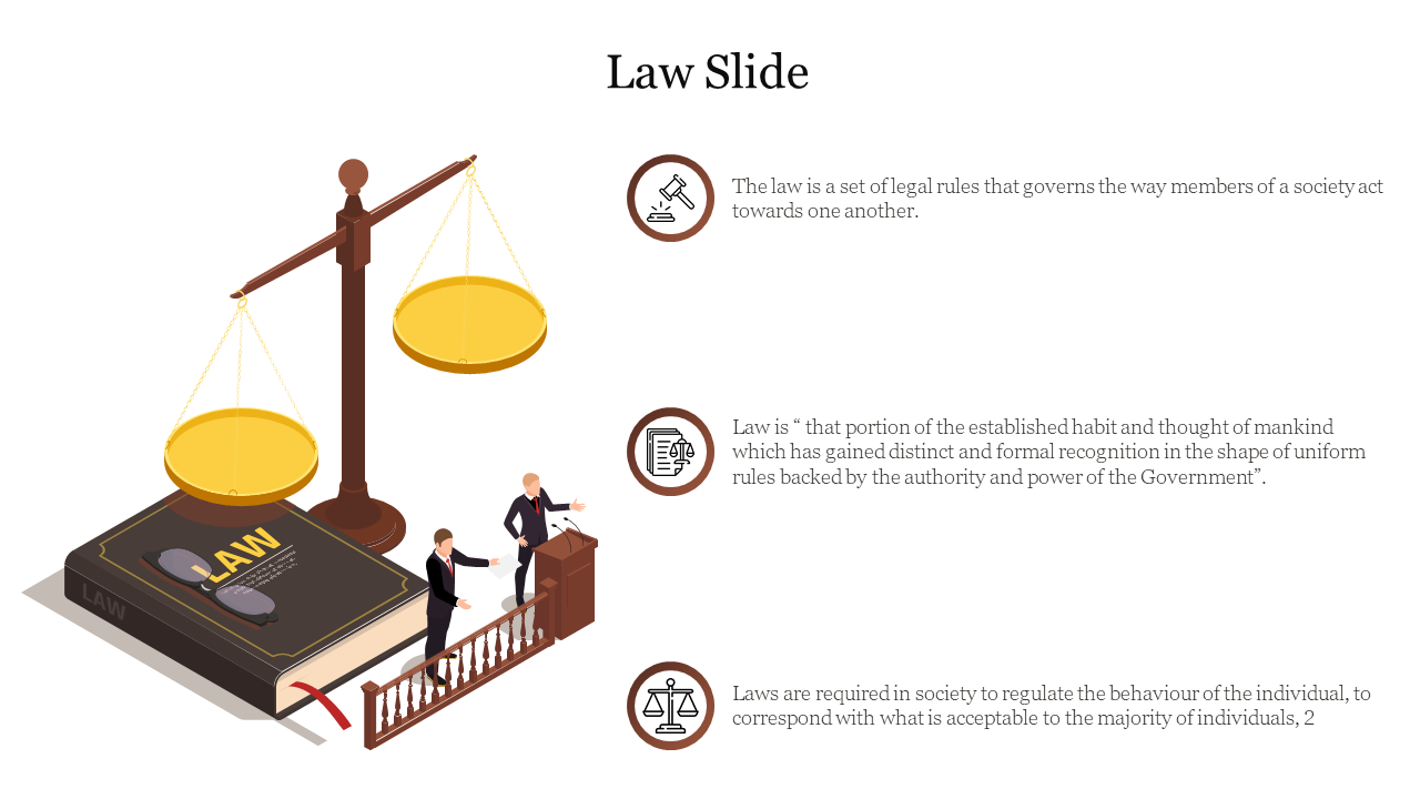 Illustrated law design with a golden scale, a book, and three circular text areas describing legal principles.