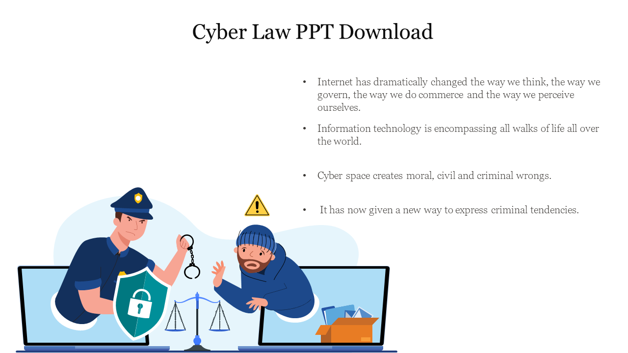 Cyber law presentation slide featuring a police officer and a hacker emerging from laptops, with a scale of justice symbol.