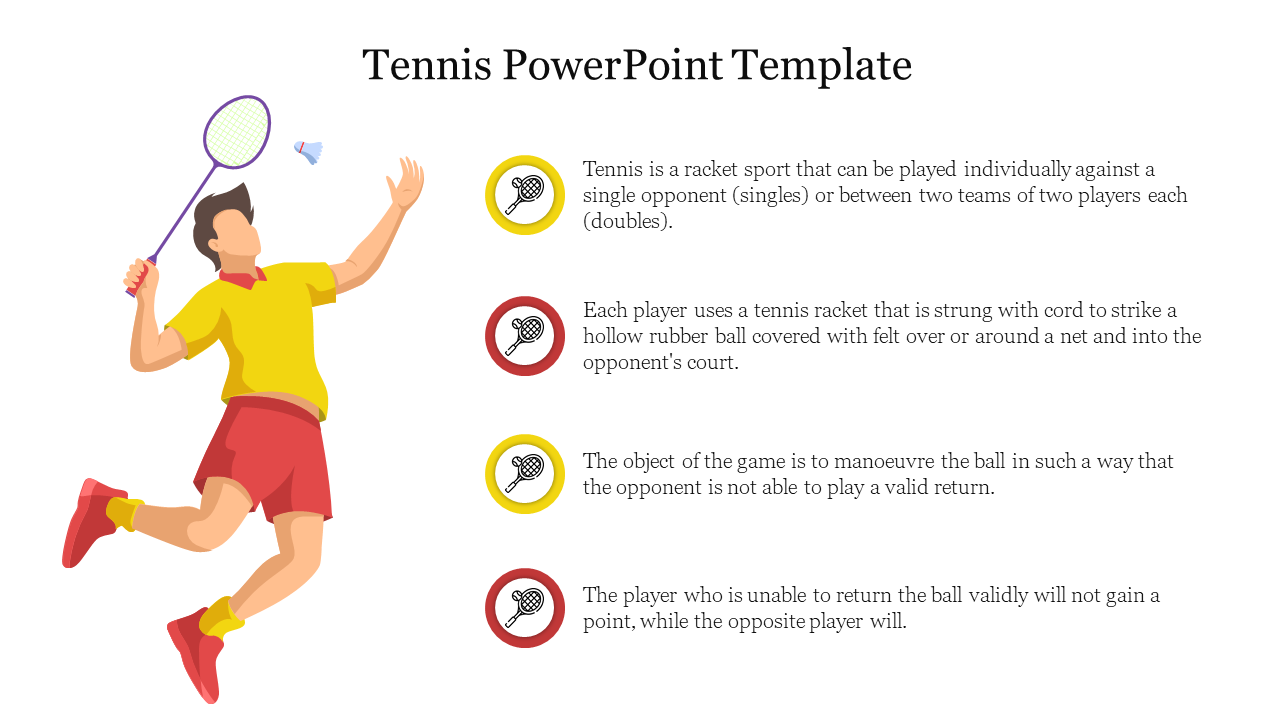 Tennis PPT slide highlighting rules and gameplay, featuring an animated tennis player in action with text description.