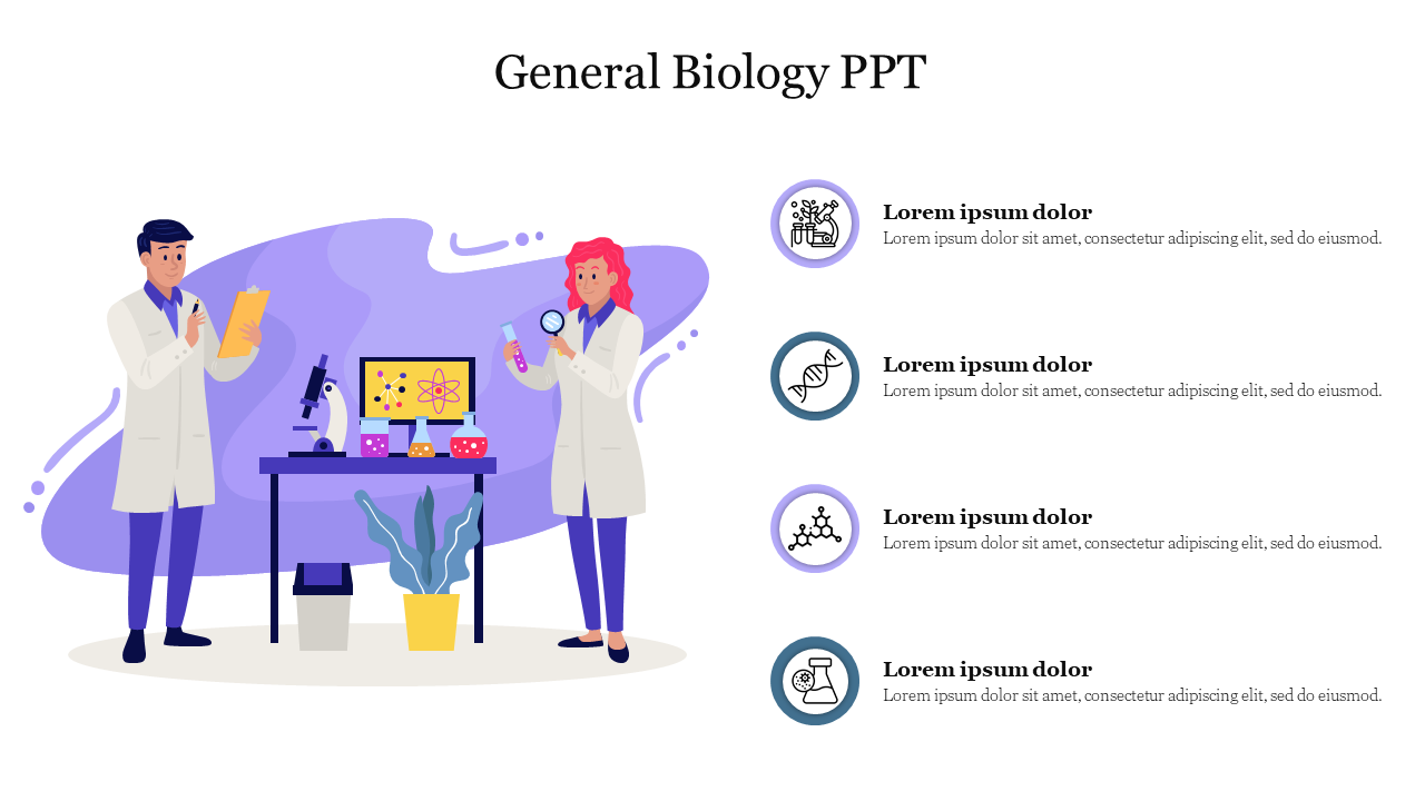 General Biology slide featuring illustrated scientists in a lab setting, with icons and placeholder text for various topics.