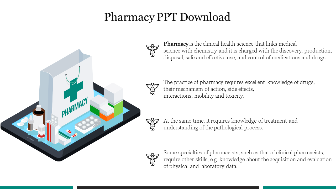 A pharmacy theme, showing an illustration of a pharmacy bag and medications on a tablet, with an informational text.