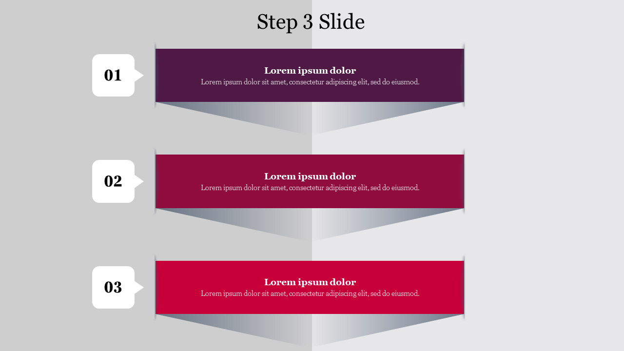 Three-step infographic slide with three  colored numbered steps each labeled with placeholder text.