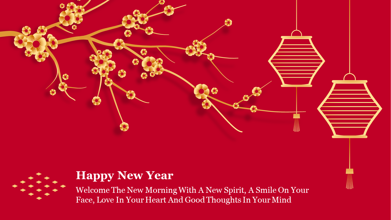 Decorative New Year design with gold floral branches and hanging lanterns on a red backdrop.