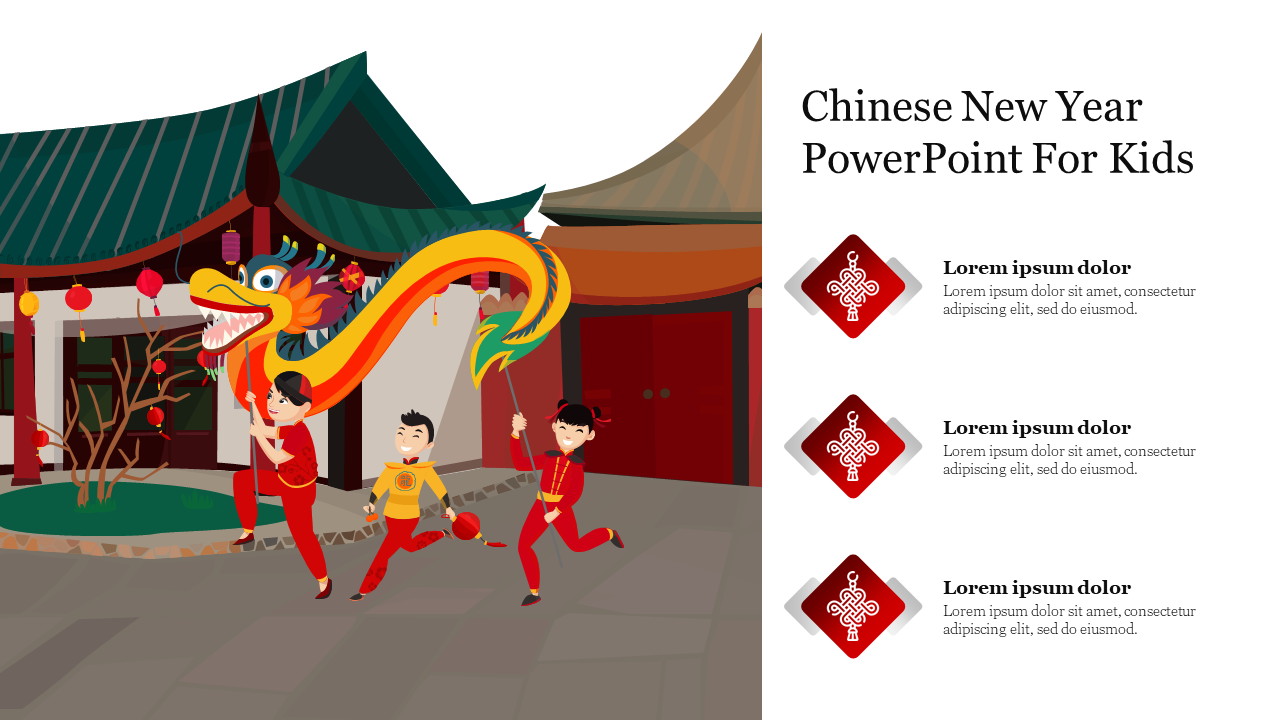 Colorful chinese new year PowerPoint slide for kids, showing children performing a traditional dragon dance in a courtyard.