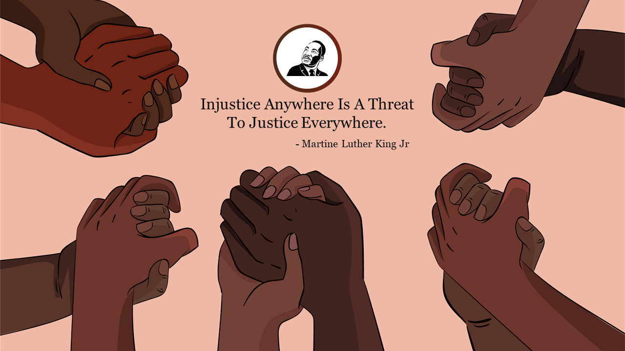 Illustration showing diverse hands clasping together with a quote from Martin Luther King Jr. about justice.