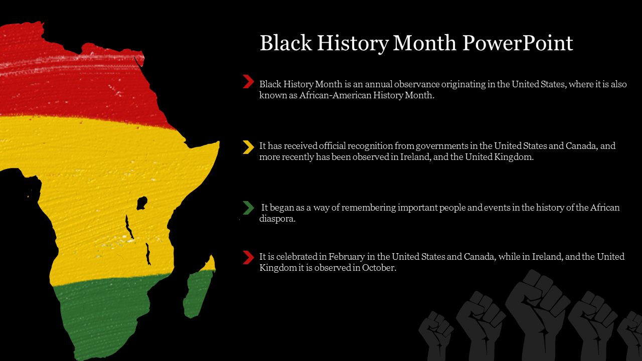 Black history month slide with African map in flag colors, text on the right, and a row of raised fists at the bottom.