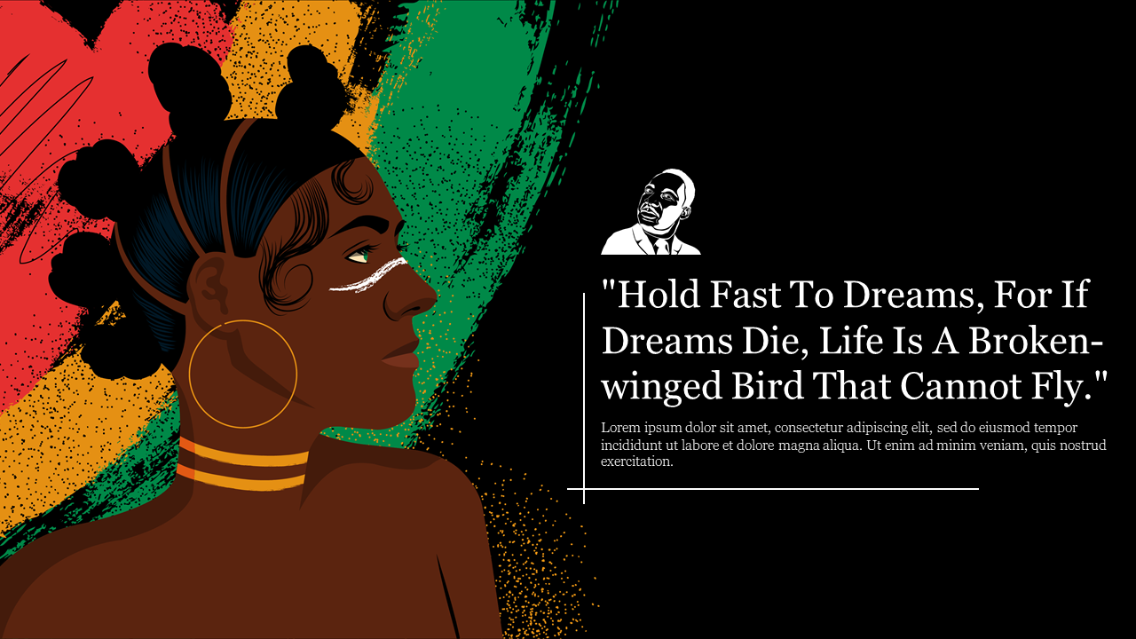 Black History Month slide with a portrait of a Black woman, a quote by Langston Hughes, and a Pan African color scheme.