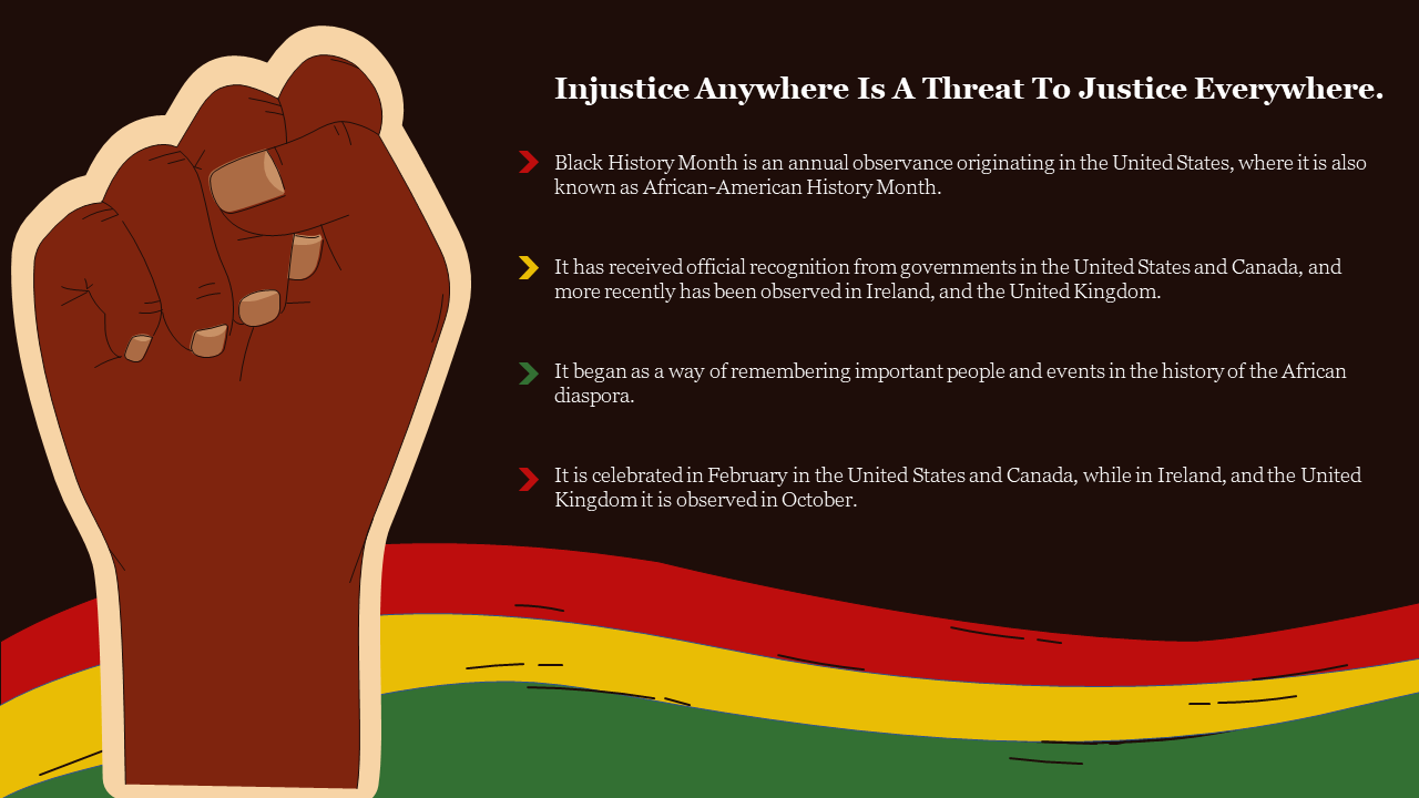 Illustration of a raised fist with background text on black history month and red, yellow, and green stripes at the bottom.