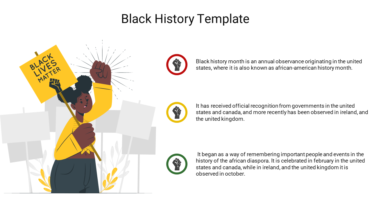 Black History Month template featuring a protester holding a Black Lives Matter sign with three informational points.