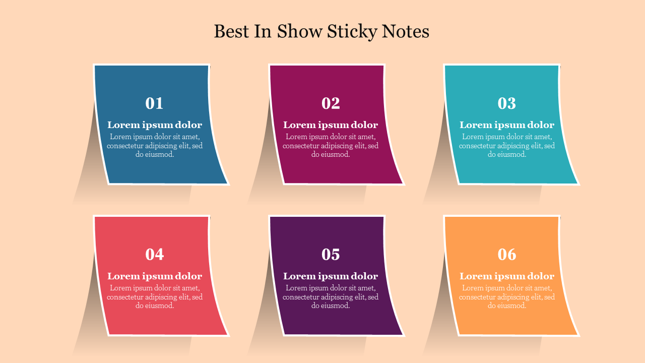 Colorful sticky notes are arranged in two rows, labeled from 01 to 06, with placeholder text in each note.