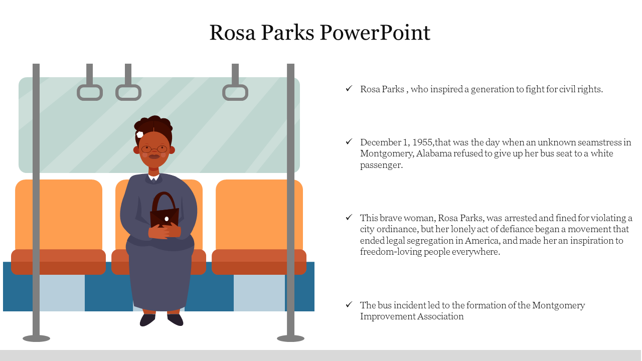 Rosa parks slide featuring a woman sitting on a bus, highlighting her role in the civil rights movement.