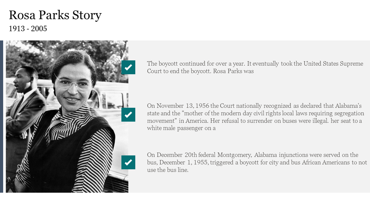 Monochrome portrait of Rosa Parks with text about her story on the right, featuring three green checkmarks.