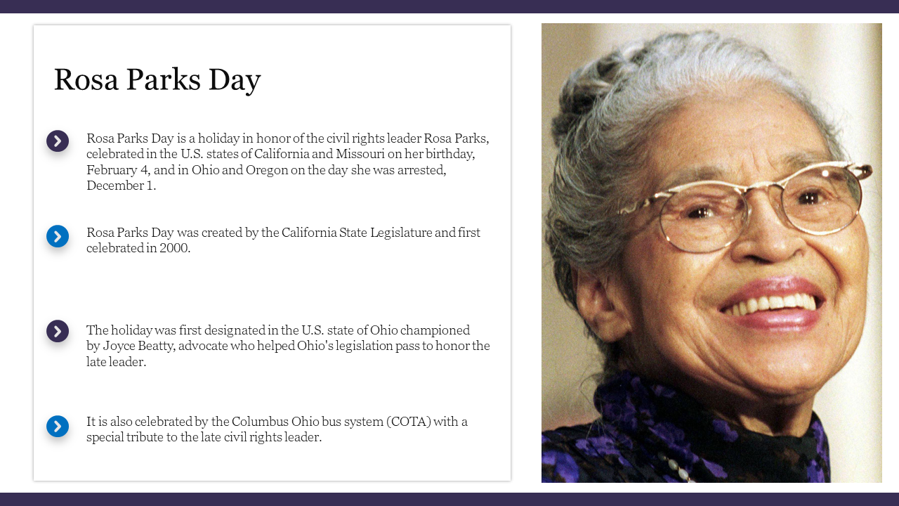 Rosa parks day PowerPoint slide featuring information about the civil rights leader and the holiday.