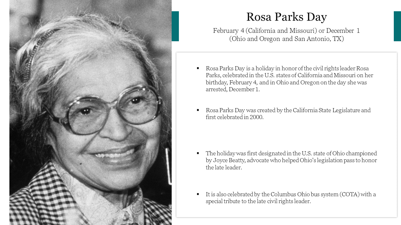 Rosa Parks Day slide featuring an image of Rosa Parks and key information about the holiday and its significance.