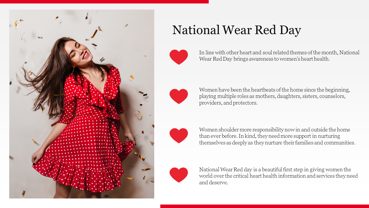 National Wear Red day slide emphasizing women's heart health awareness with an image of a woman in a red dress.