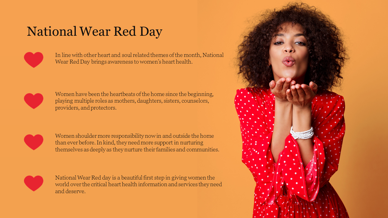 National wear red day slide featuring a woman blowing a kiss, on a peach background and text with heart icons.