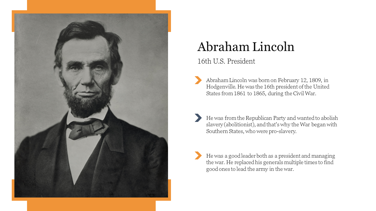 Slide featuring a portrait of Abraham Lincoln with key facts about his life and presidency on the right.