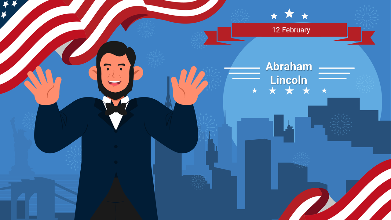 Illustration of Abraham Lincoln in formal attire, standing before a blue background with fireworks and U.S. flag elements.