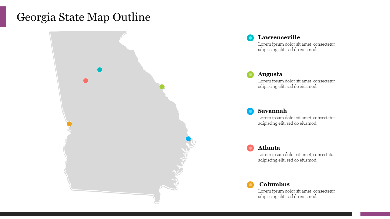 Georgia state map in grey with colorful dots marking five cities, with corresponding labels and descriptions on the right.