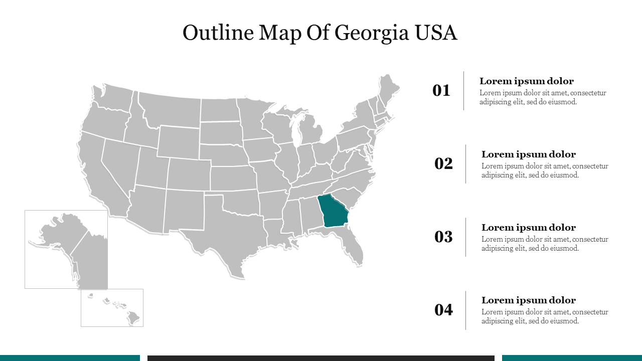 Gray map of the United States with Georgia highlighted in teal, and four numbered text sections listed on the right.