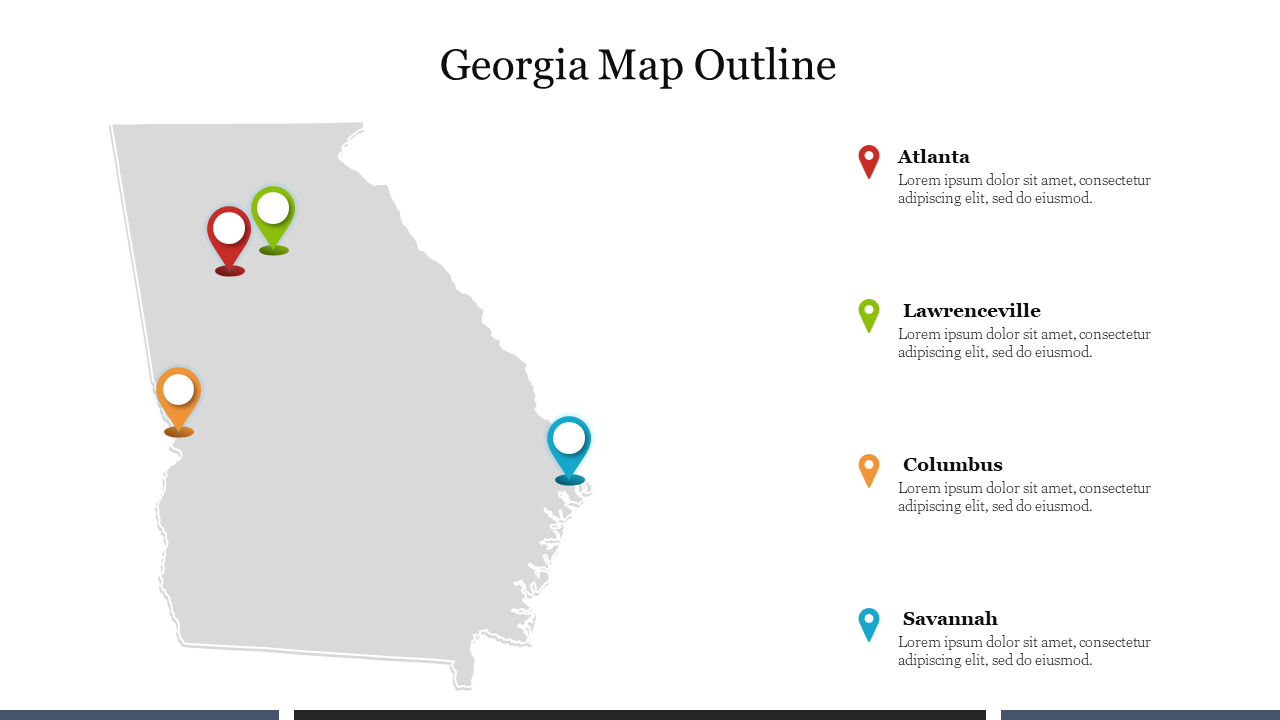 Georgia map outline with red, green, orange, and blue markers indicating cities, listed with descriptions to the right.