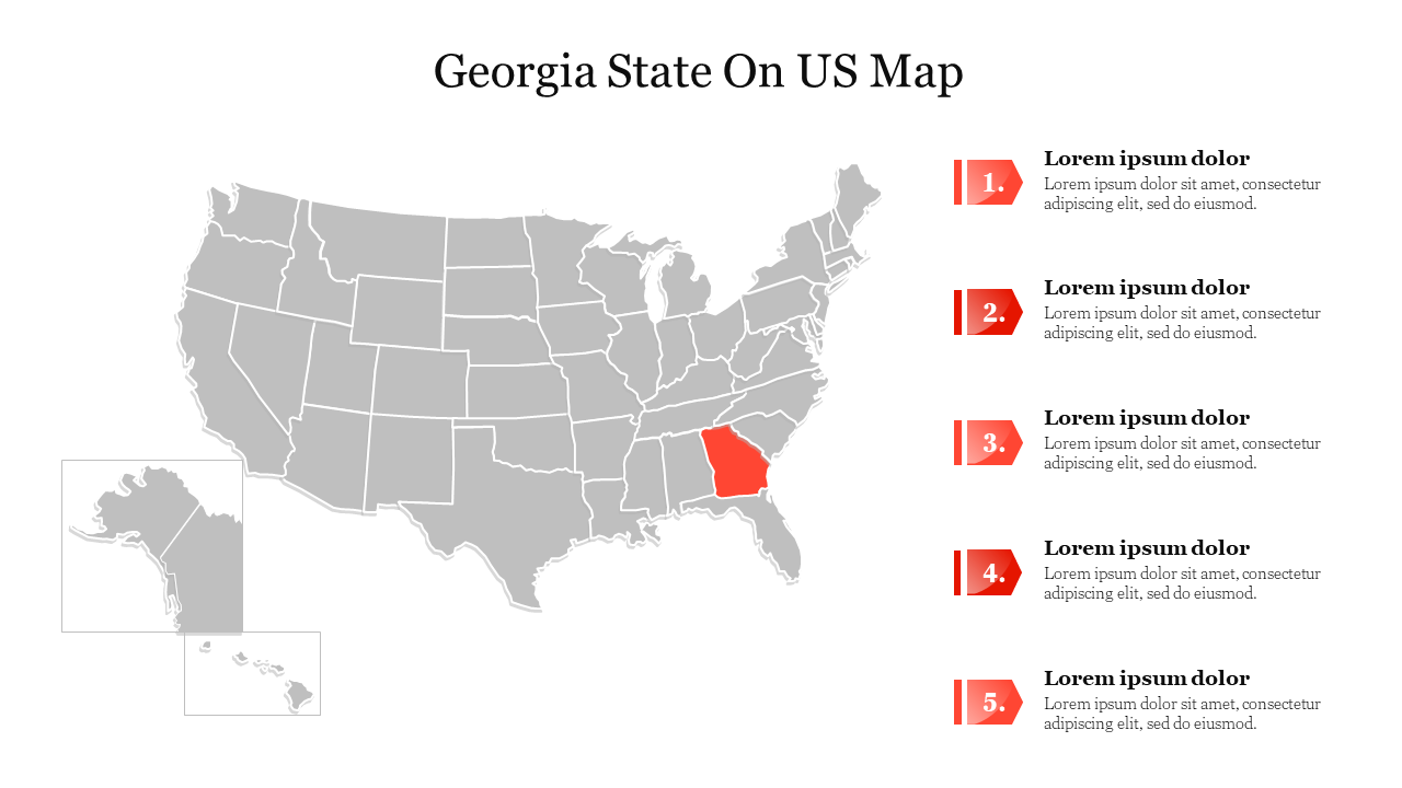 Georgia is highlighted in red on a grayscale US map, accompanied by numbered list descriptions on the right.