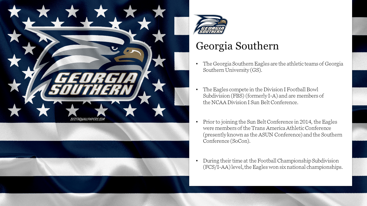 Georgia southern eagles logo displayed on a black and white American flag background, with team history and achievements.