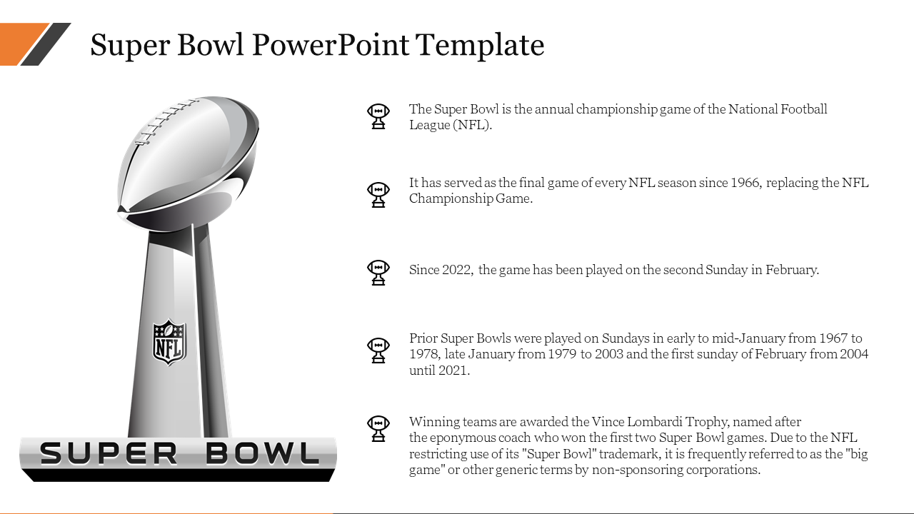 A tall, silver trophy image with black icon and bullet point text on the right, all set on a white backdrop.