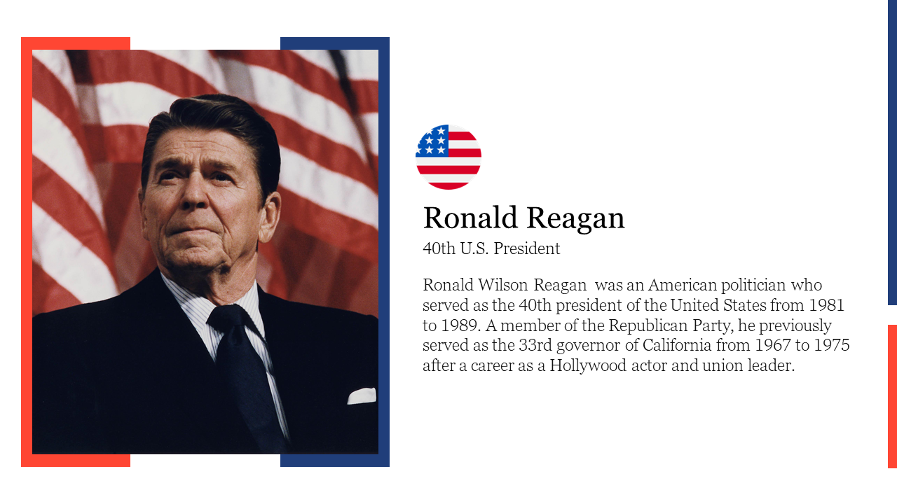 Portrait of Ronald Reagan, 40th U.S. president, in front of an american flag backdrop, highlighting his political legacy.