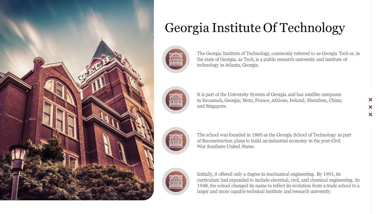 Photograph of a historic red-brick building at Georgia with textual information about the institute.